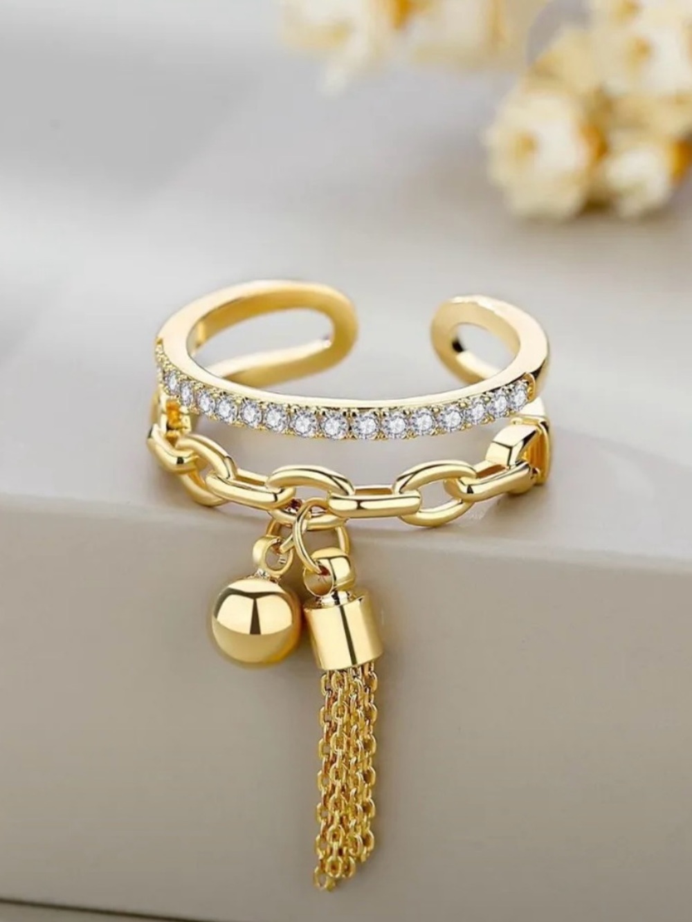 Gold Open Ring with Crystal Accent Layered Chain Hanging Tassel Charm Jewellery